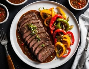 Pepper Steak Recipe: A Flavorful and Tender Dish for Any Occasion 1 A plate of perfectly cooked pepper steak with vegetables.