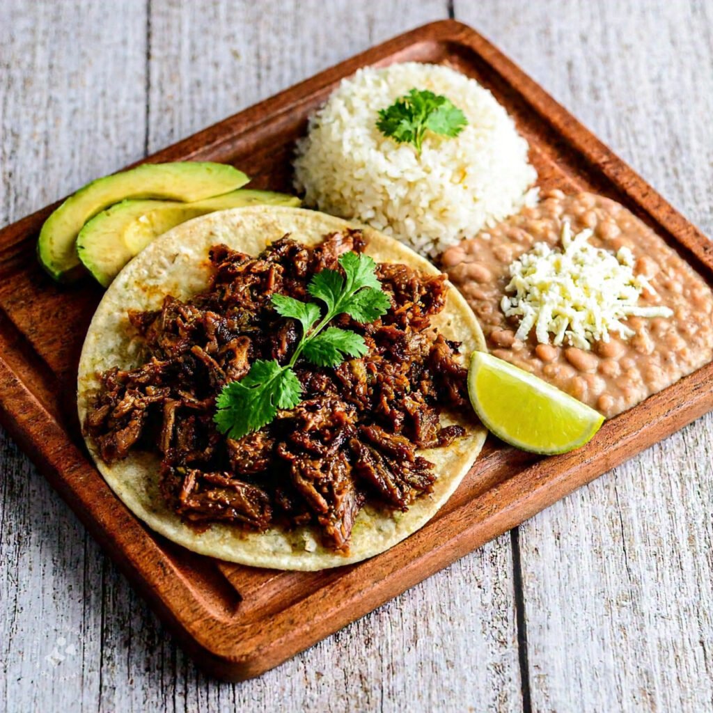 A carnitas platter with tacos, sides, and garnishes