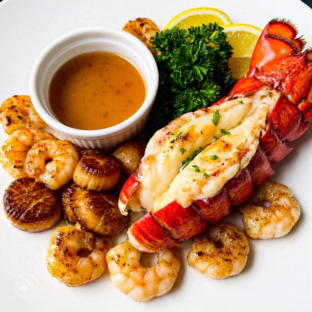 Lobster, shrimp, and scallops plated with a side of seafood sauce.