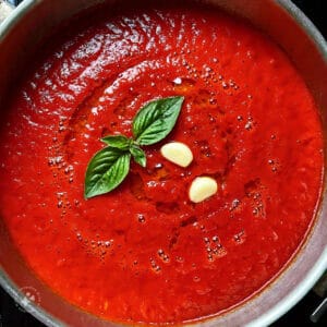 A pot of spaghetti sauce simmering with visible brown sugar crystals dissolving.