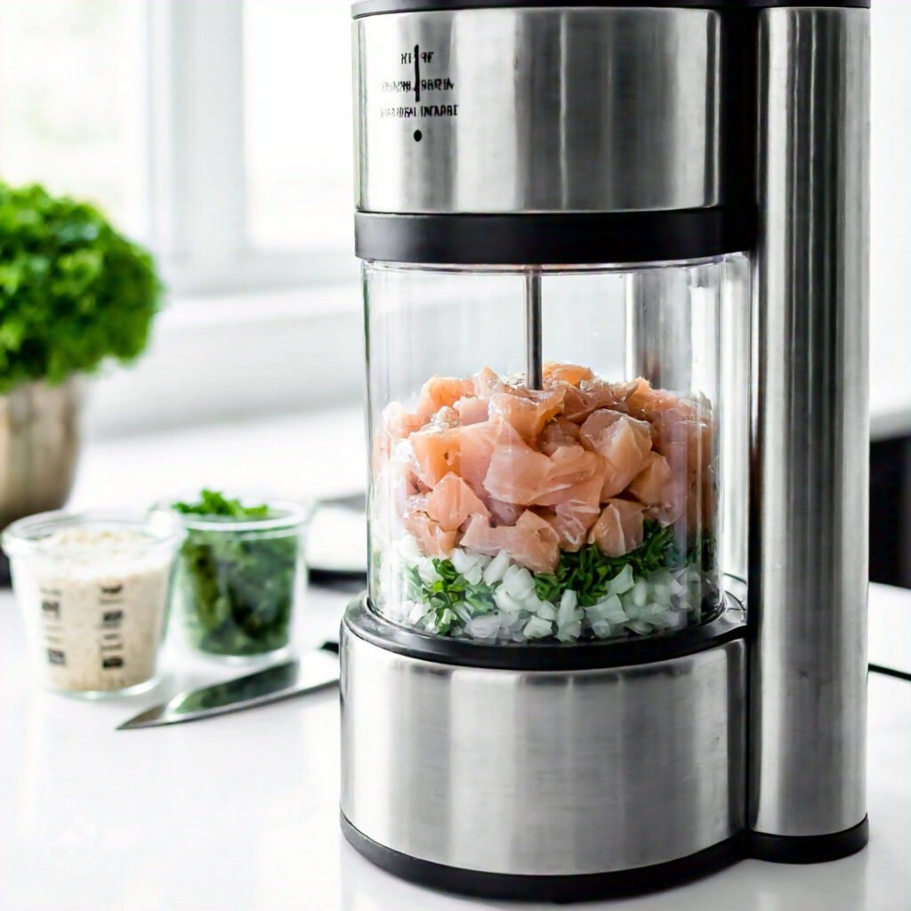 A home chef grinding fresh fish fillets in a food processor for gefilte fish.