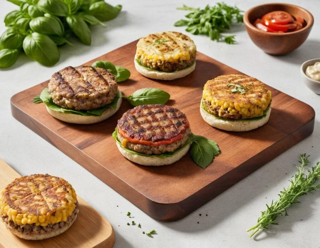 Three burger patties: chicken, beef, and plant-based, on a wooden board