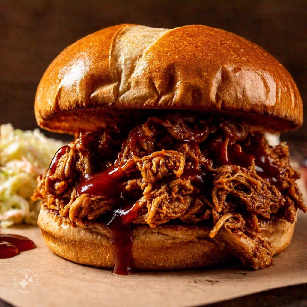 Pulled chicken coated in BBQ sauce on a bun.