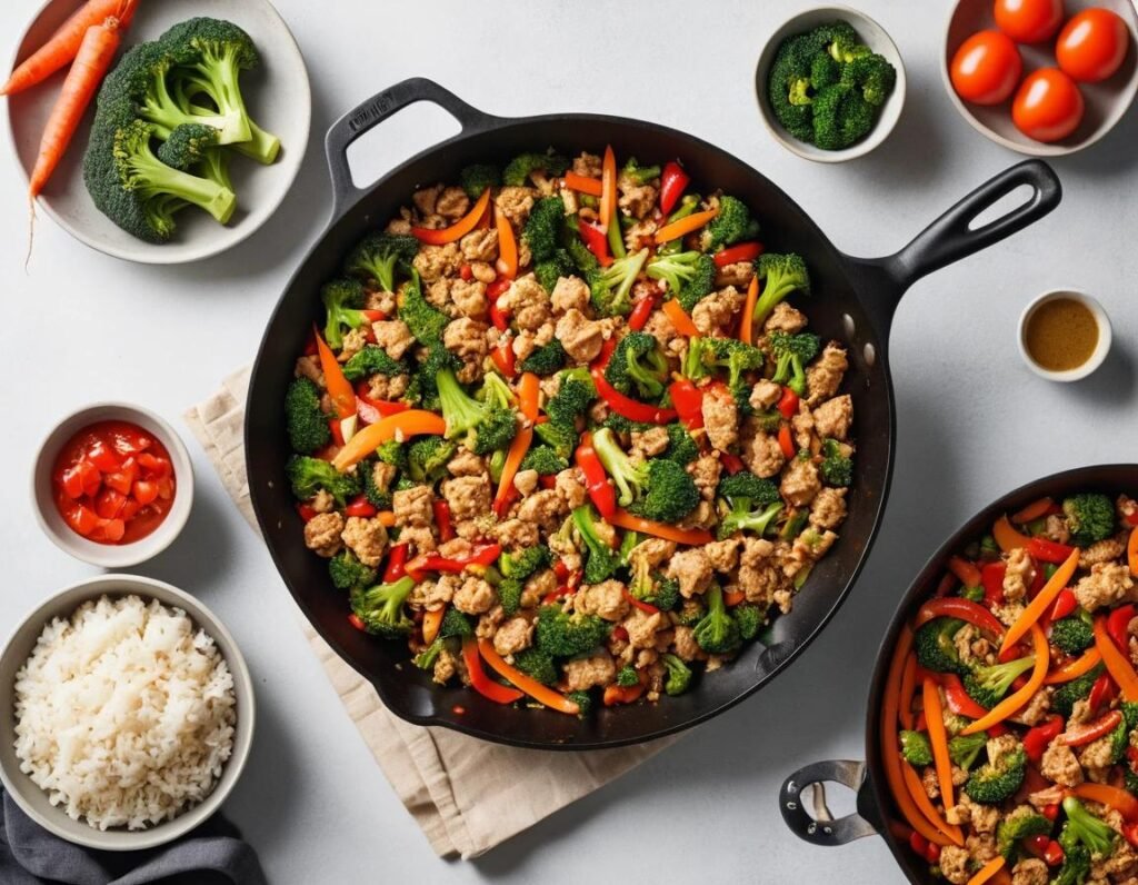 Ground chicken stir-fry with vegetables.