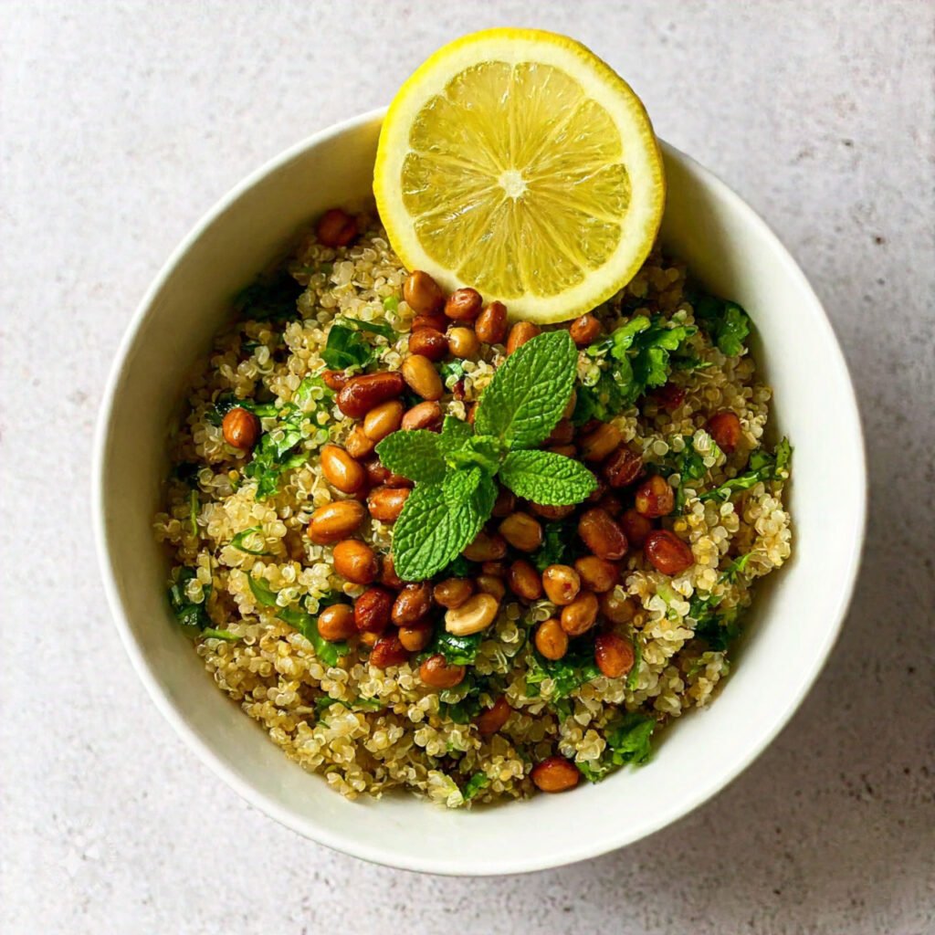 Quinoa and brown rice bowl topped with chopped parsley, lemon slices, and nuts.