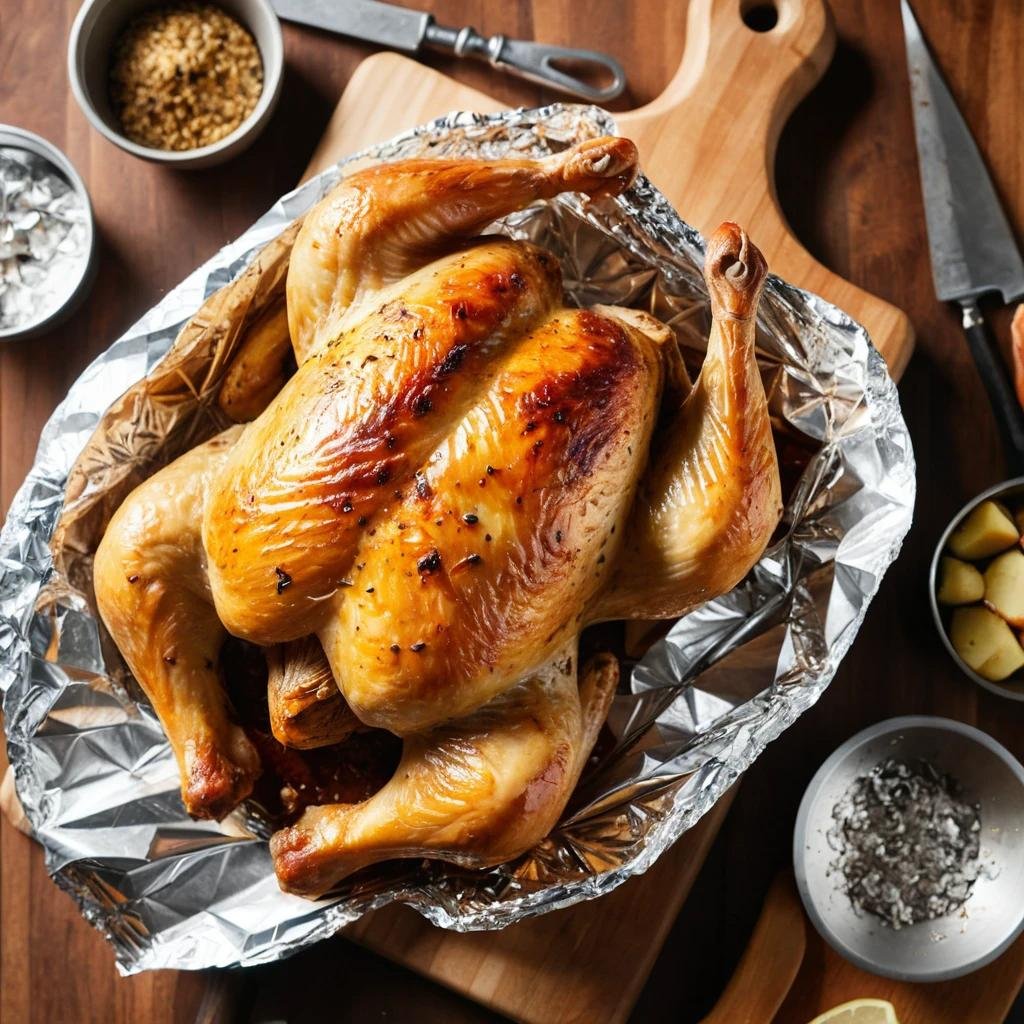 A roasted chicken resting on a cutting board with foil loosely covering it.