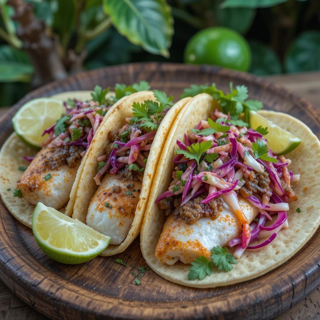 Rockfish tacos topped with fresh salsa and shredded cabbage