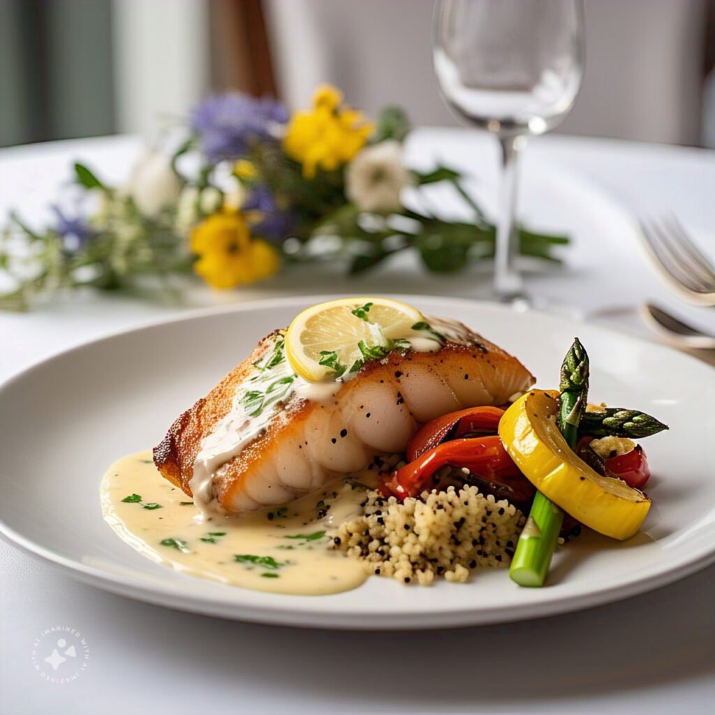 Rockfish fillet topped with creamy lemon sauce, served with roasted asparagus and quinoa