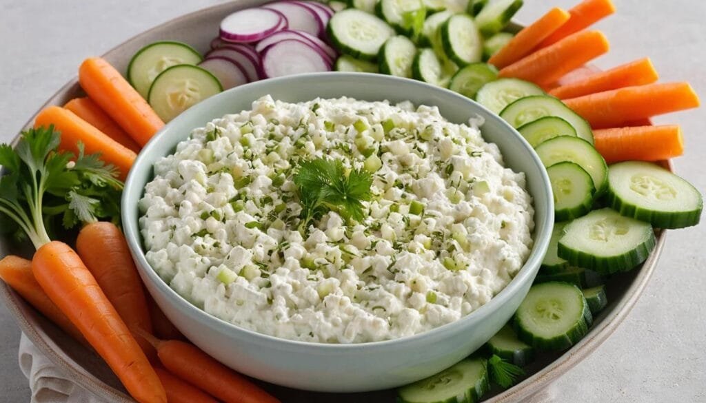 Cottage cheese served as a savory dip with fresh vegetables