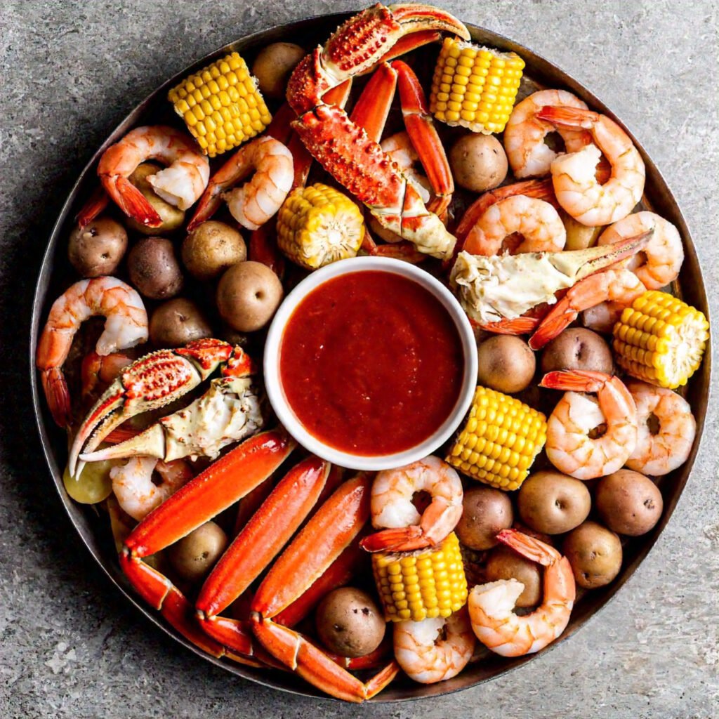 A seafood boil platter featuring shrimp, crab legs, corn, and a bowl of seafood boil sauce.