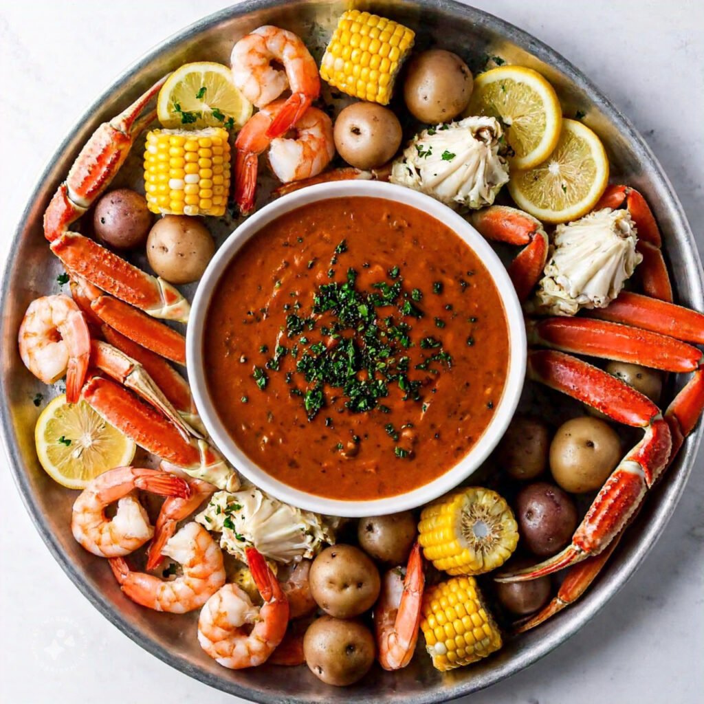 A seafood boil platter featuring shrimp, crab legs, corn, and a bowl of seafood boil sauce.