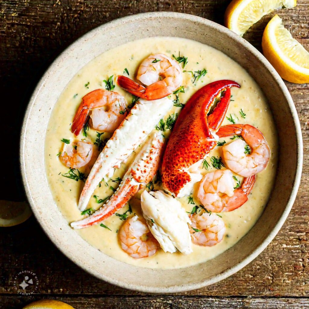 A bowl of creamy seafood sauce surrounded by fresh seafood like shrimp, lobster, and crab.