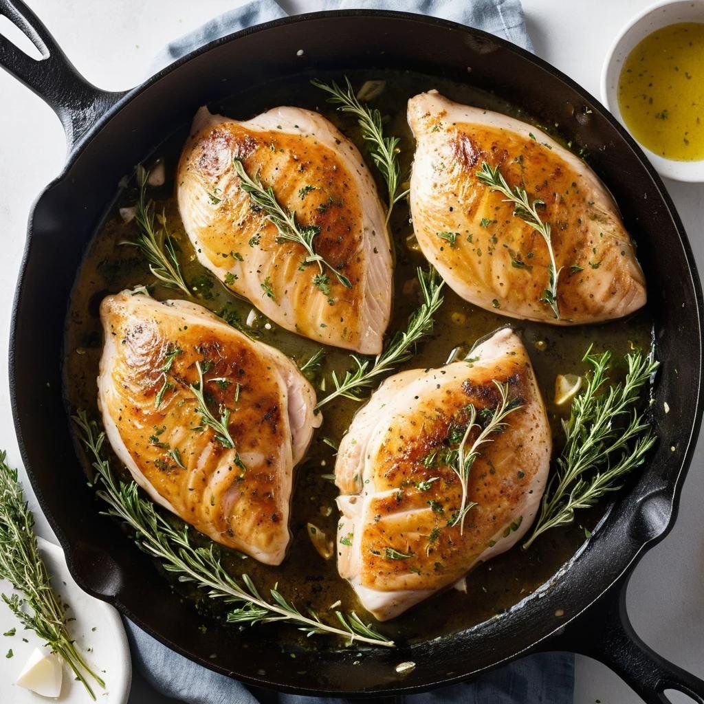 Chicken breasts being seared in a cast-iron skillet.