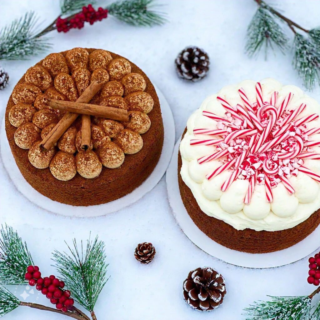 Pumpkin spice and peppermint cakes decorated for the holidays.