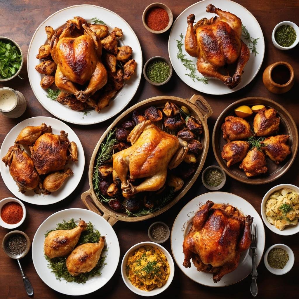 A selection of seasoned chicken dishes on a wooden table.