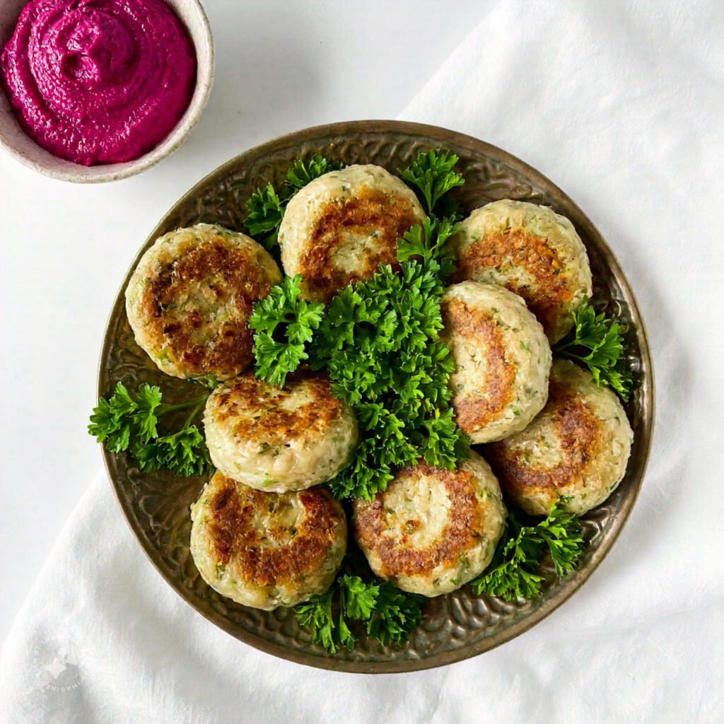 Gefilte fish patties served on a decorative platter with beet horseradish on the side.