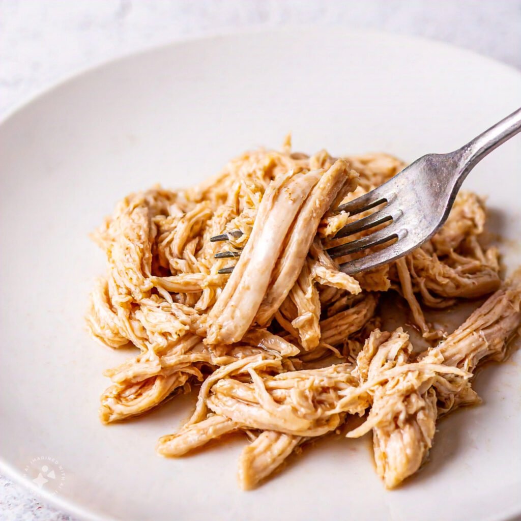 A plate of freshly shredded chicken with forks beside it.