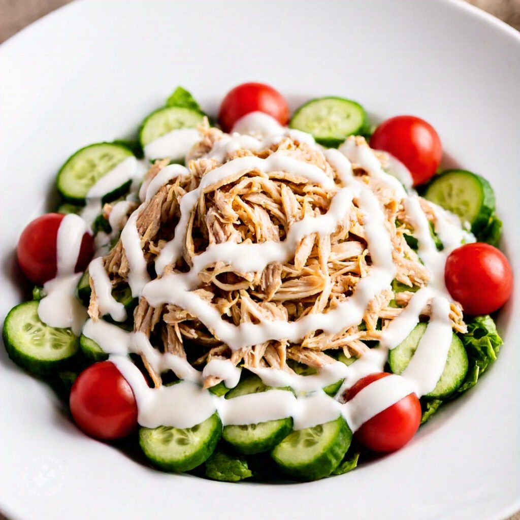 A colorful chicken salad with cucumbers, cherry tomatoes, and a creamy yogurt dressing.