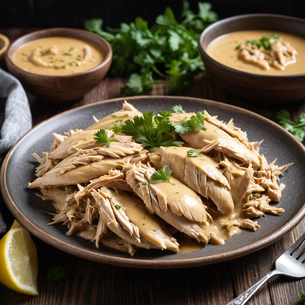 A plate of shredded chicken served with gravy.