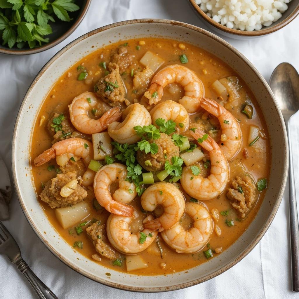 A bowl of shrimp sinigang served with steamed rice on the side.