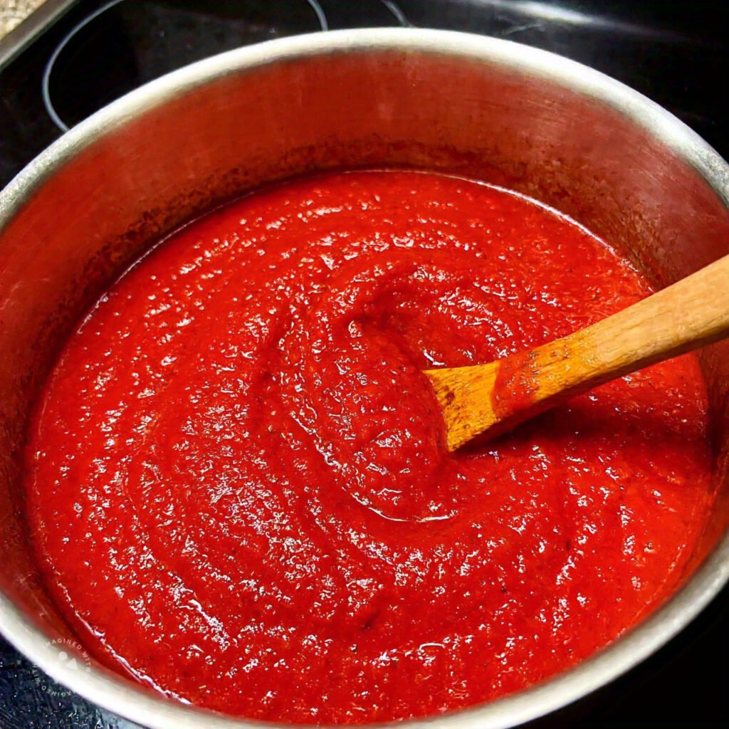 A pot of spaghetti sauce simmering on a stovetop with a wooden spoon resting on the side