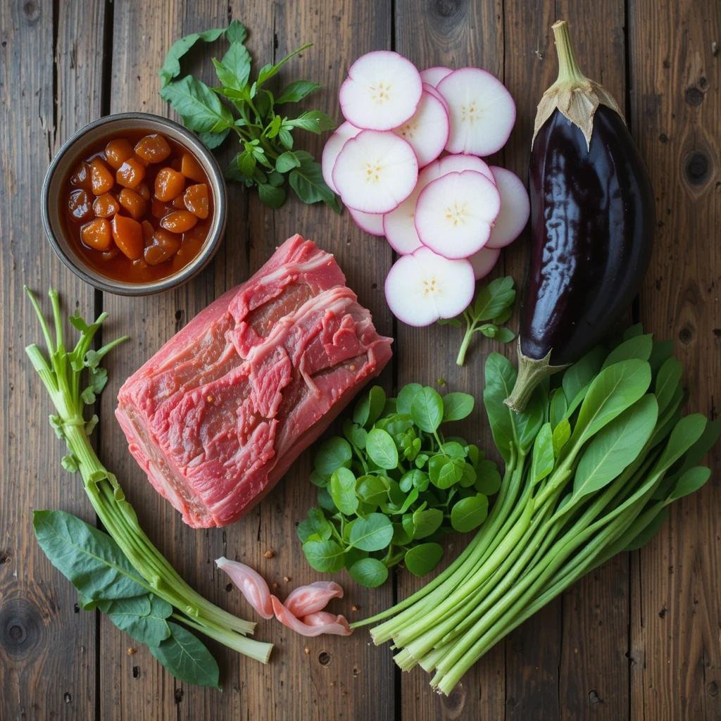 Fresh sinigang ingredients, including tamarind pods, pork, radish, eggplant, and water spinach.