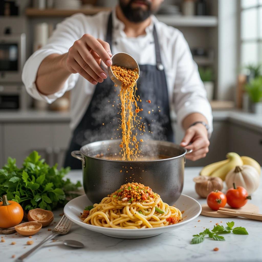 A chef using sinigang mix in a fusion dish in a modern kitchen