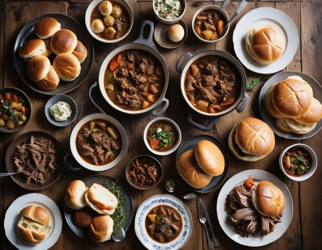 Variety of slow-cooked meat dishes on a rustic table