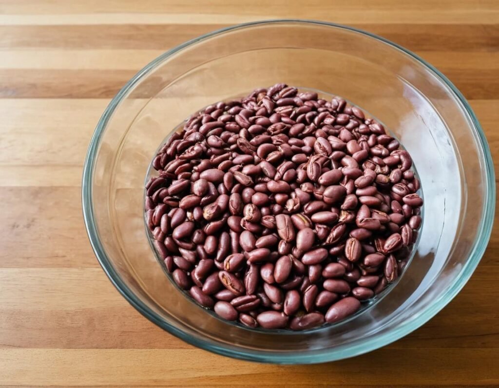 Dried beans soaking in a glass bowl of water.