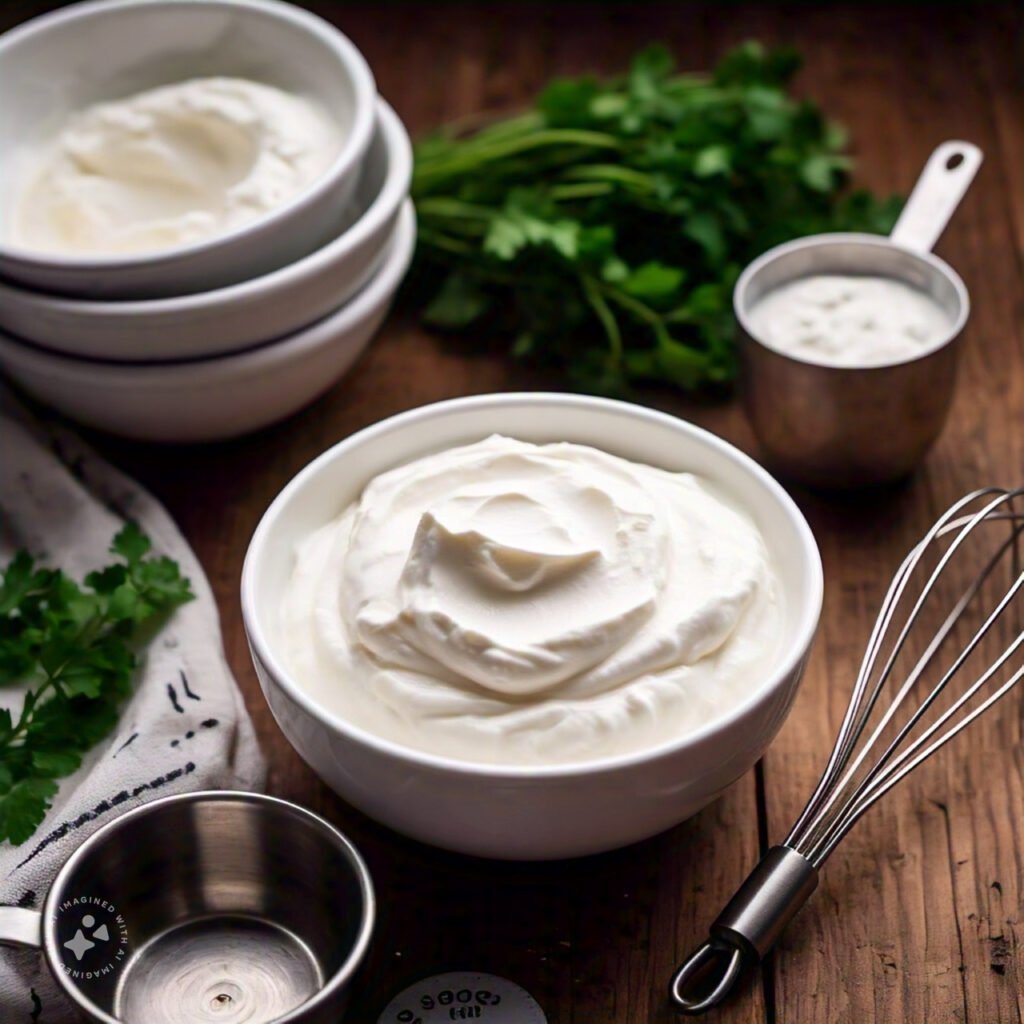 A bowl of sour cream surrounded by fresh herbs and baking tools