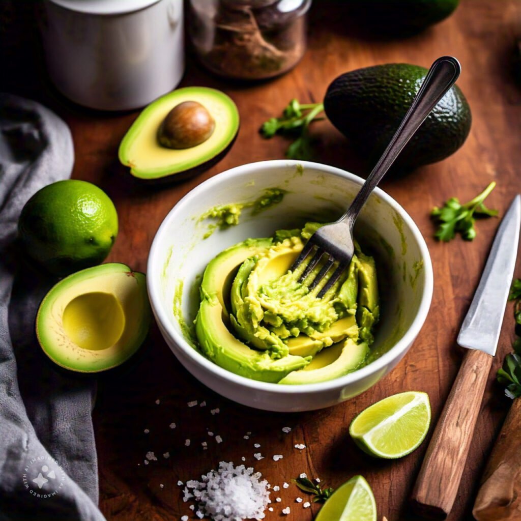 An avocado being mashed with a fork in a bowl