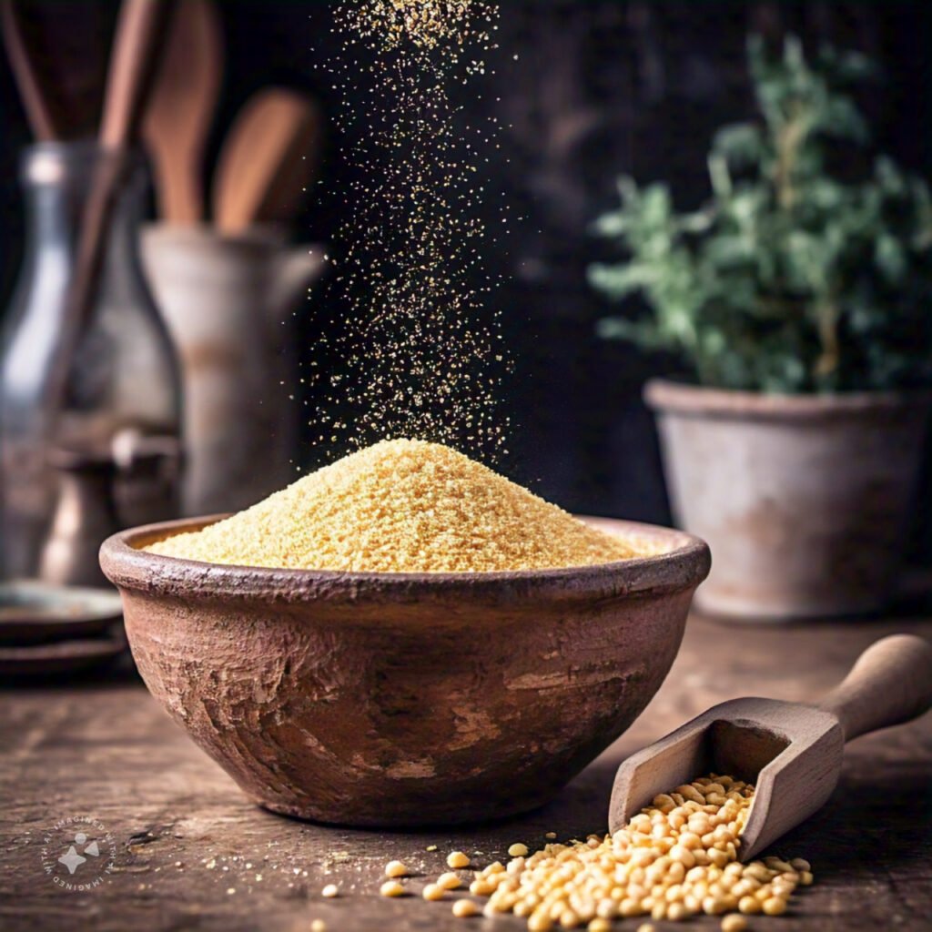 A bowl of stone-ground cornmeal with a wooden scoop on a kitchen countertop.