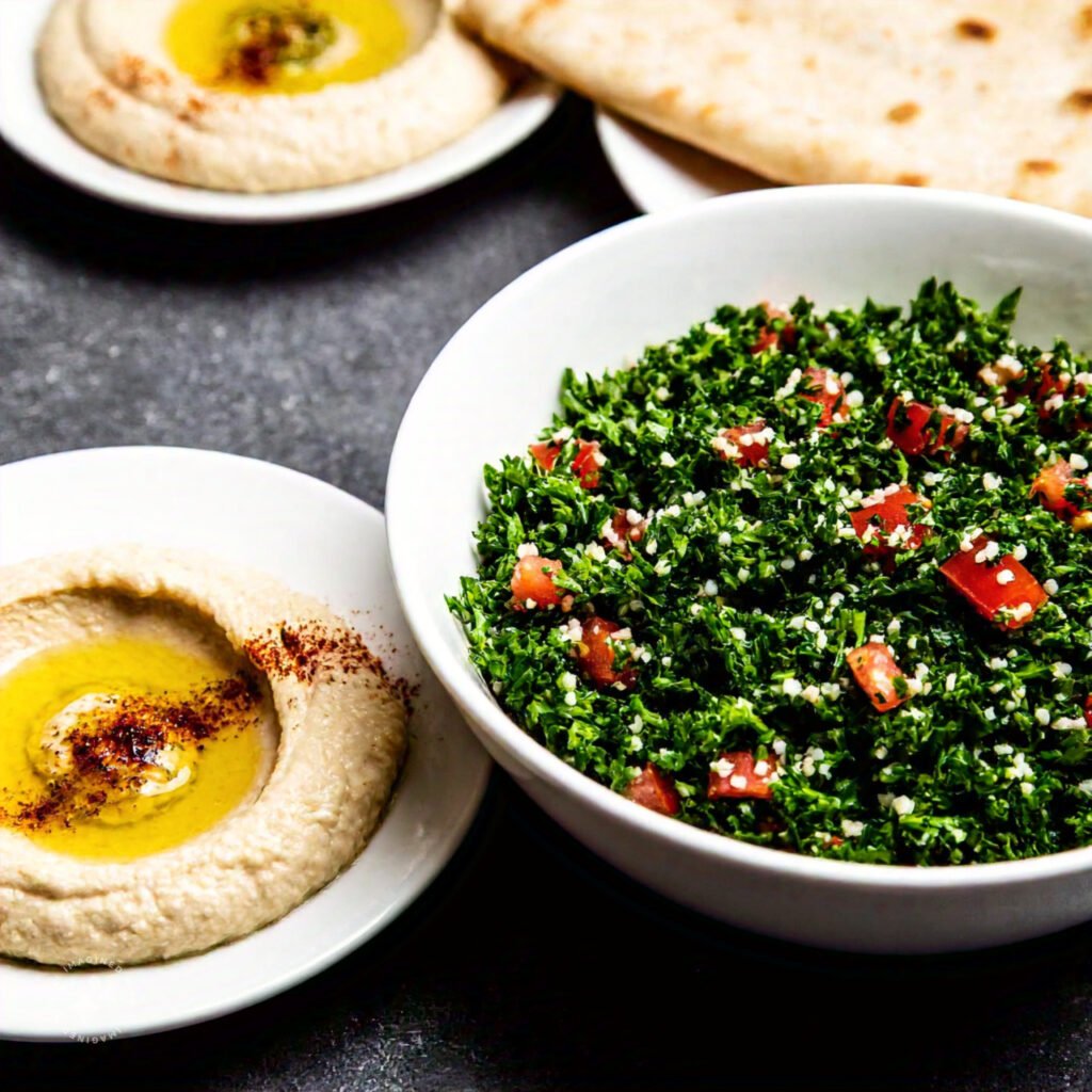 A bowl of healthy lebanese food: tabbouleh salad and a plate of hummus with pita bread