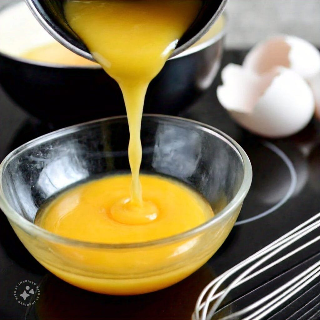 Egg yolks being tempered with warm cream.