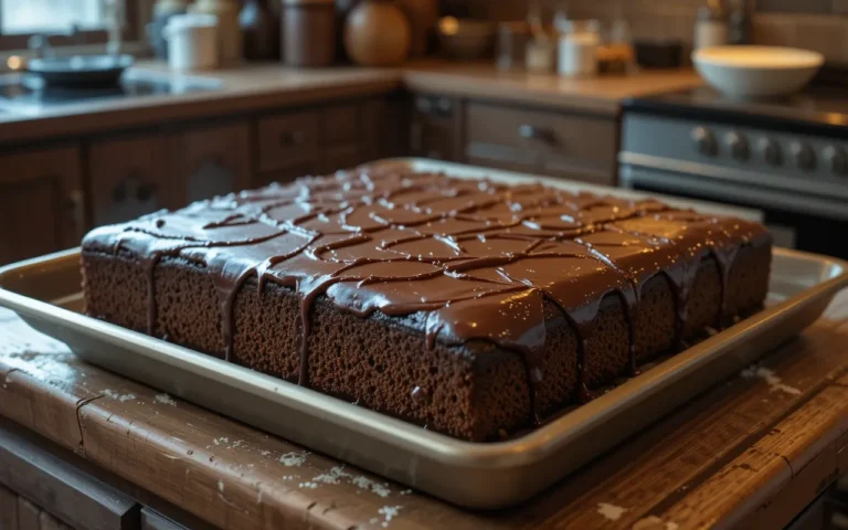 Texas Sheet Cake on a sheet pan with cracked chocolate icing
