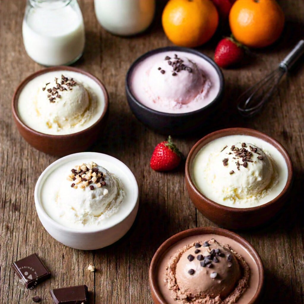 Assorted bowls of homemade ice cream with different flavors on a rustic table.