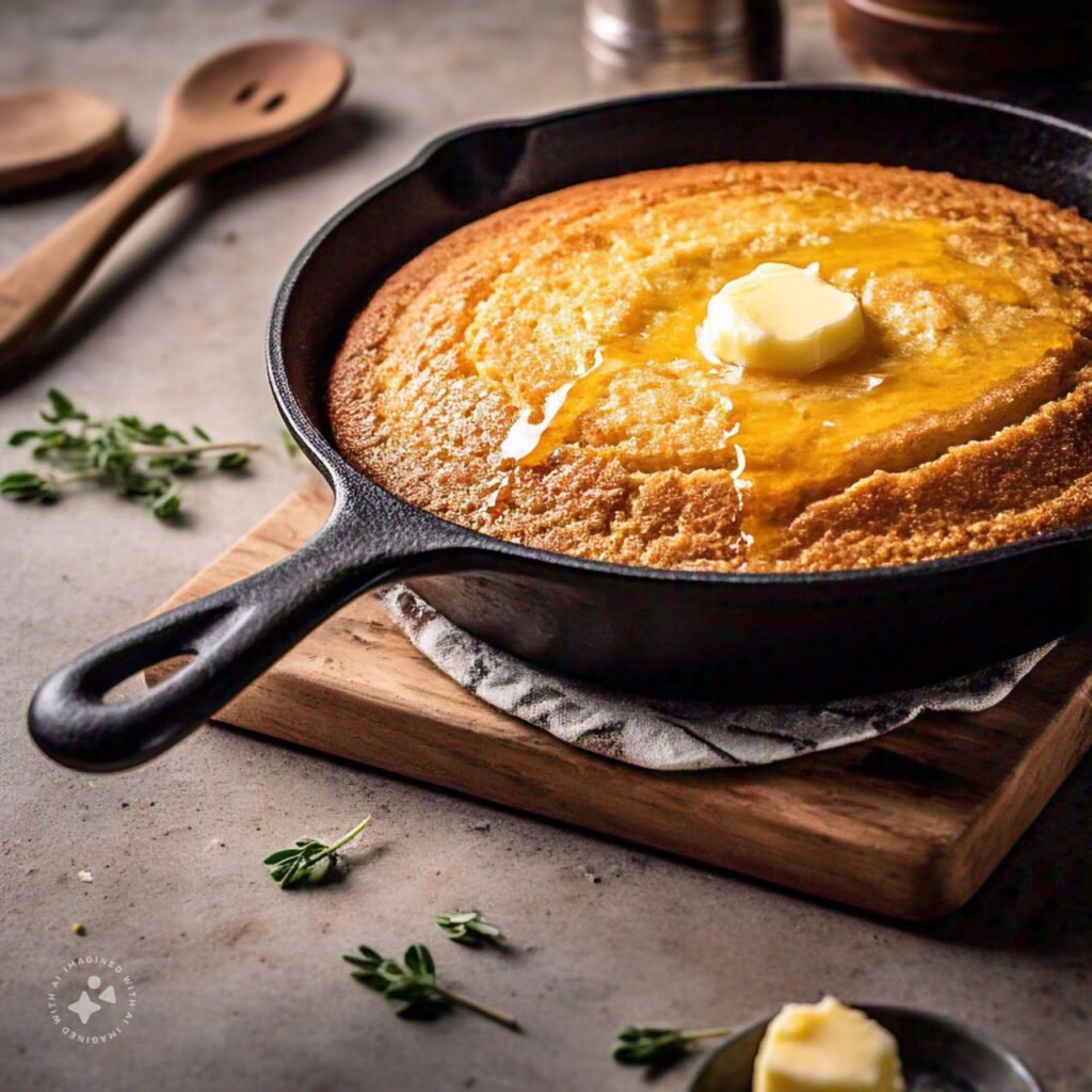 A hot cast-iron skillet filled with golden-brown Southern cornbread.