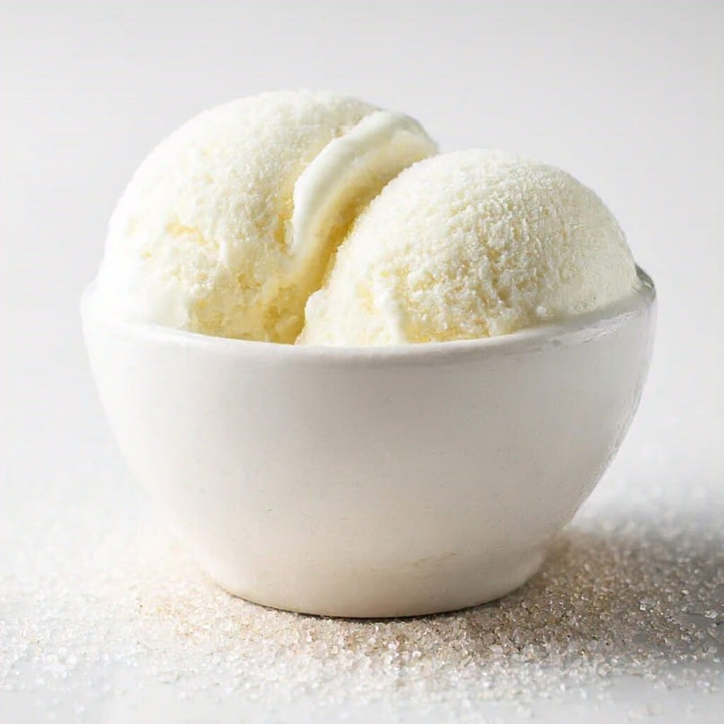 A close-up of a creamy vanilla ice cream scoop in a bowl with sugar crystals sprinkled around.