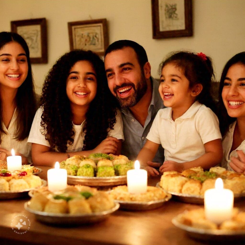 A family enjoying Lebanese desserts during a celebration.