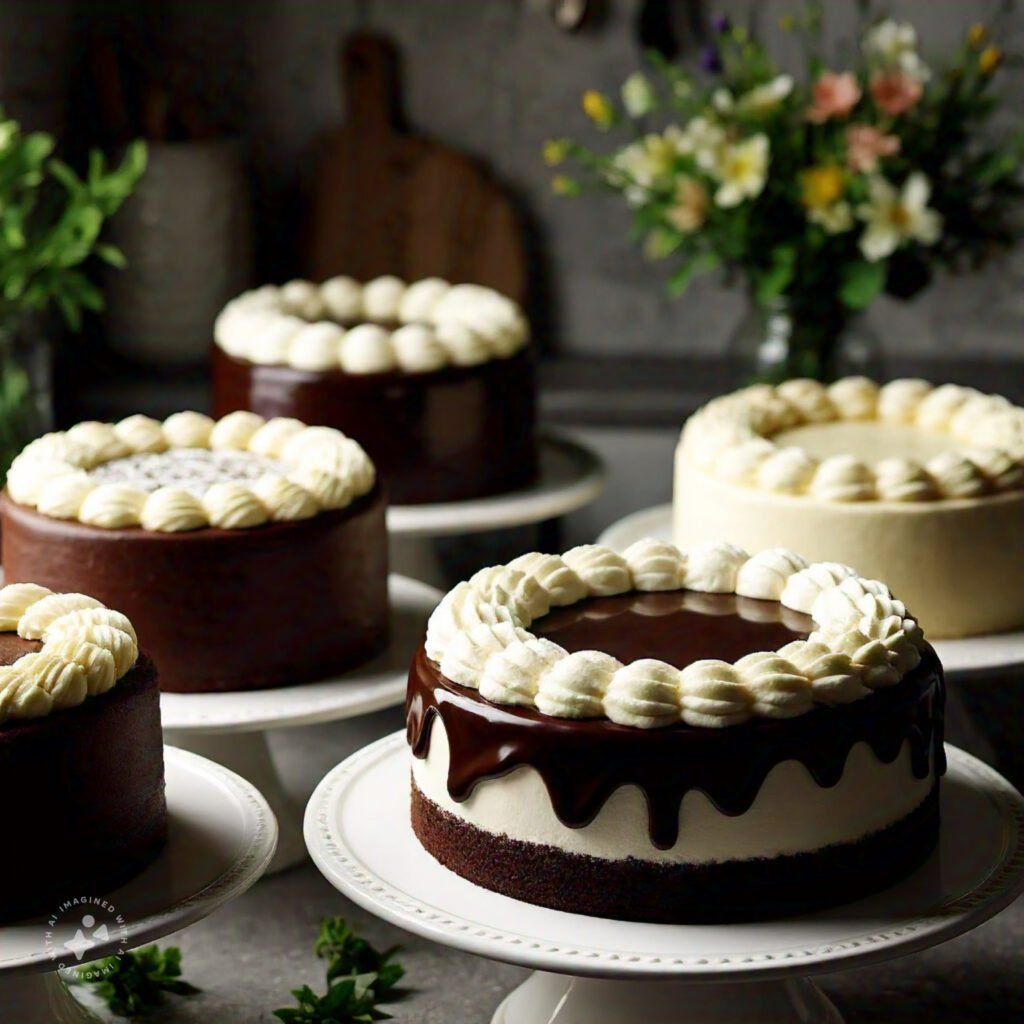 Classic cakes like chocolate and vanilla with frosting