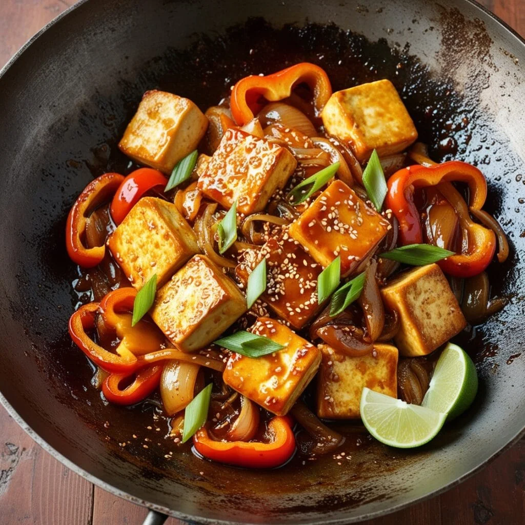 Tofu and vegetable stir-fry as a pepper steak alternative.