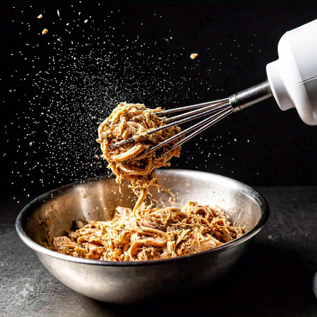 A hand mixer shredding chicken in a bowl