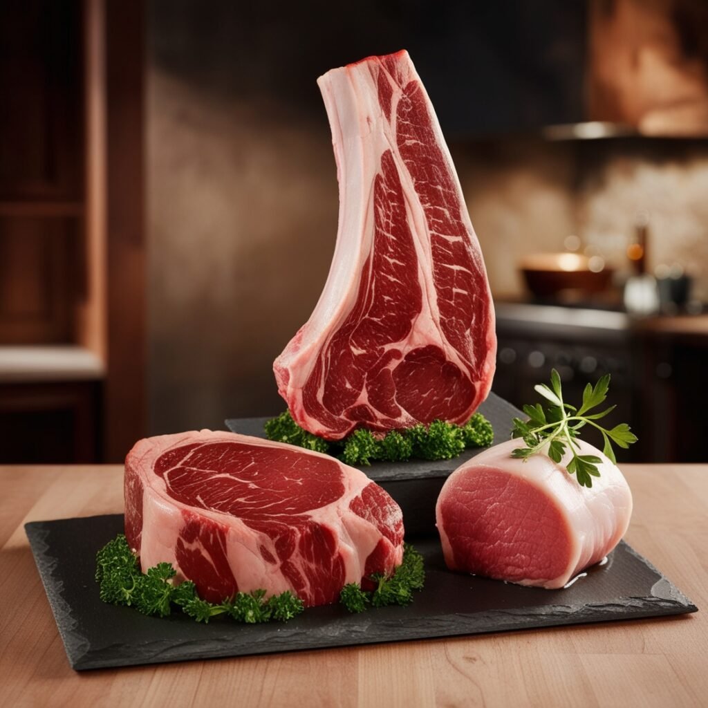 Various steak cuts like ribeye, chuck eye, and New York strip displayed on a wooden cutting board.