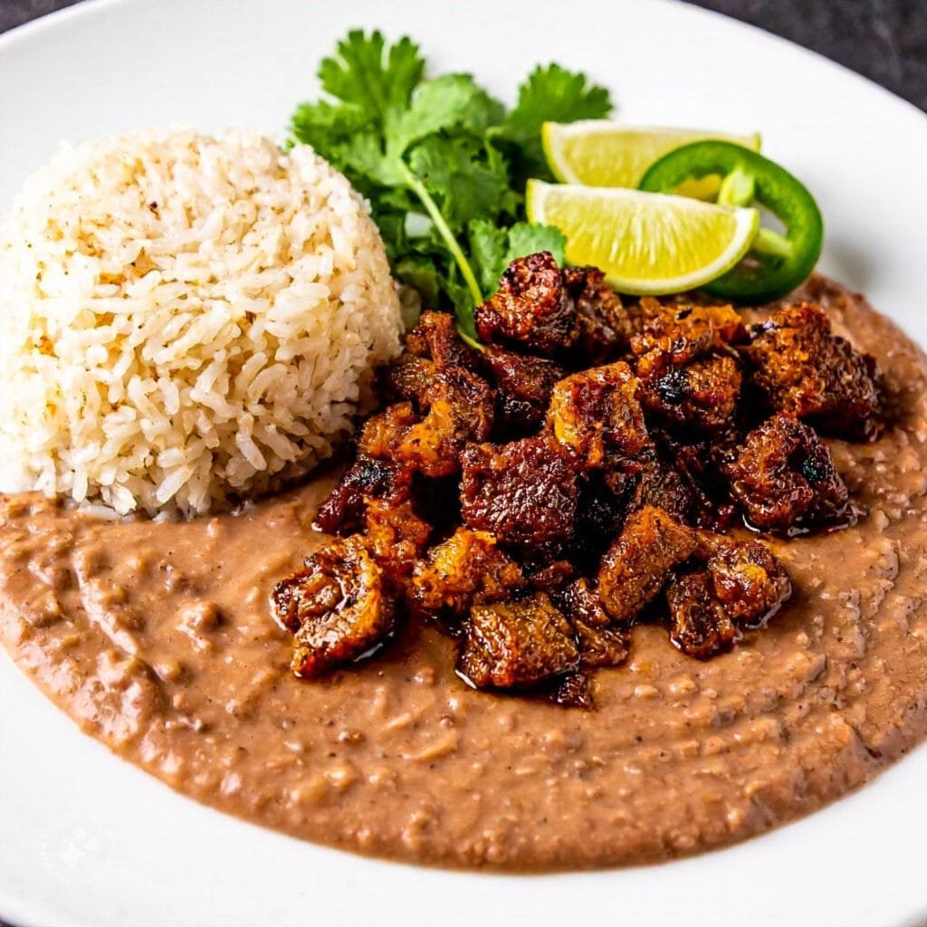 Mexican rice and refried beans served with carnitas