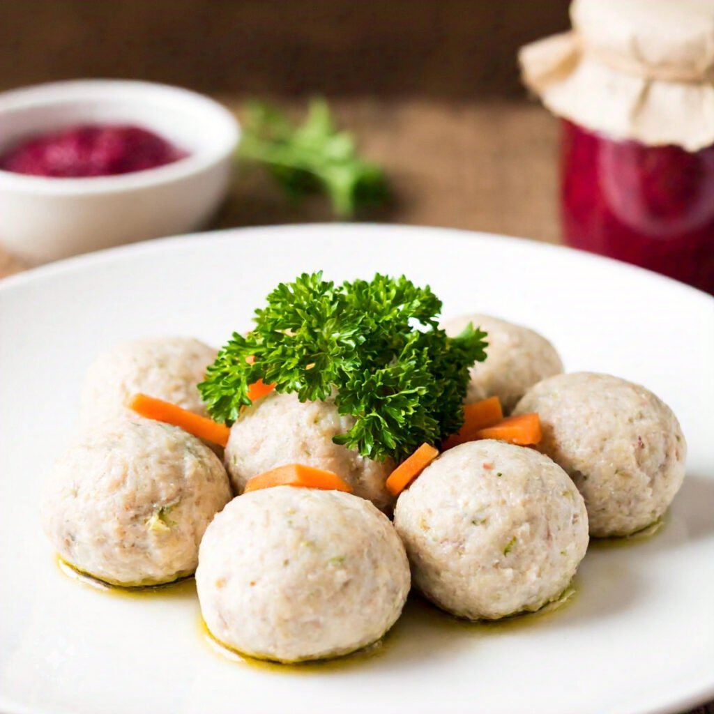 A platter of traditional gefilte fish balls garnished with fresh parsley and carrot slices.