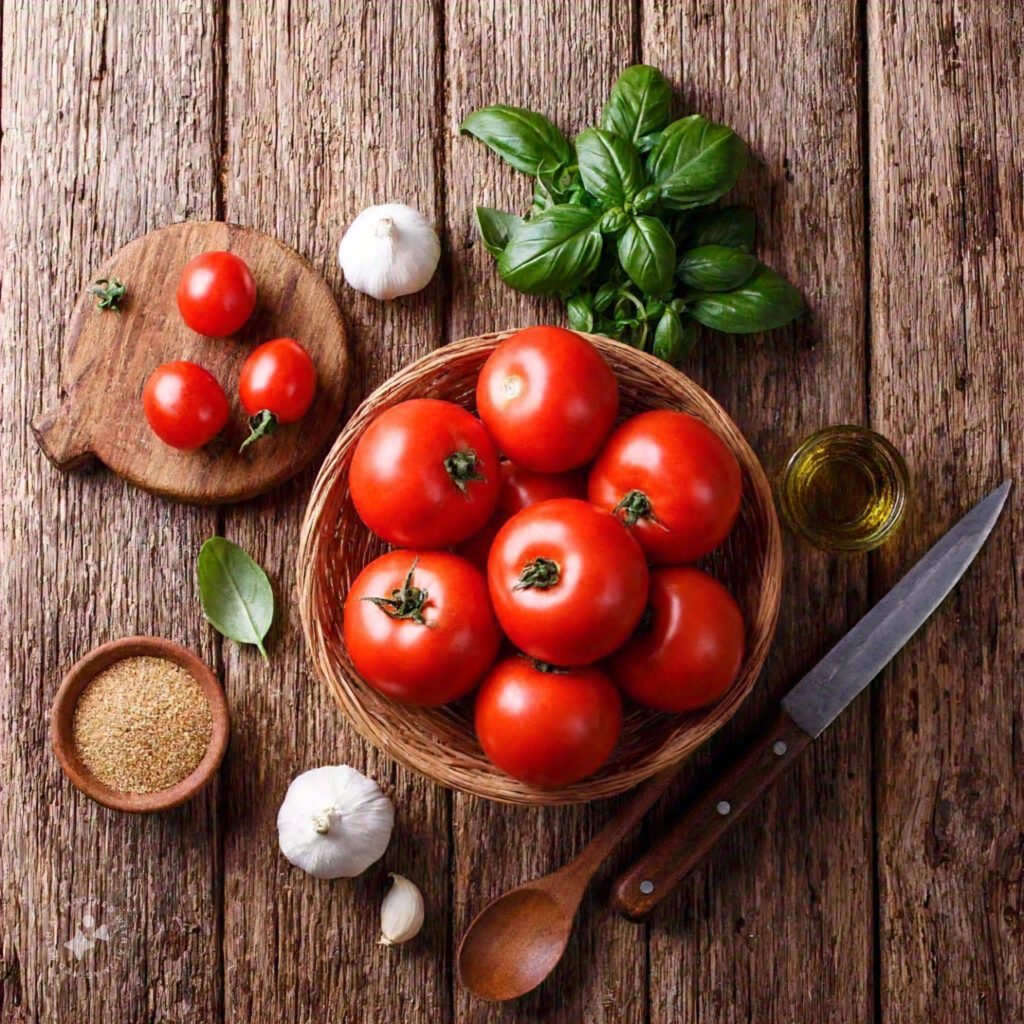 Fresh tomatoes, garlic, olive oil, basil, and brown sugar laid out on a wooden table.