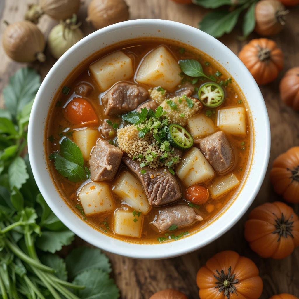 A steaming bowl of traditional sinigang soup with pork, vegetables, and tamarind broth.