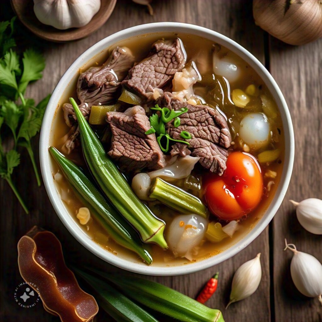 A steaming bowl of traditional sinigang soup with beef, vegetables, and tamarind broth.