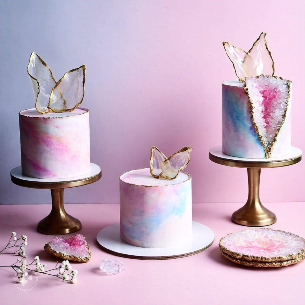 A variety of trending cakes displayed on a dessert table