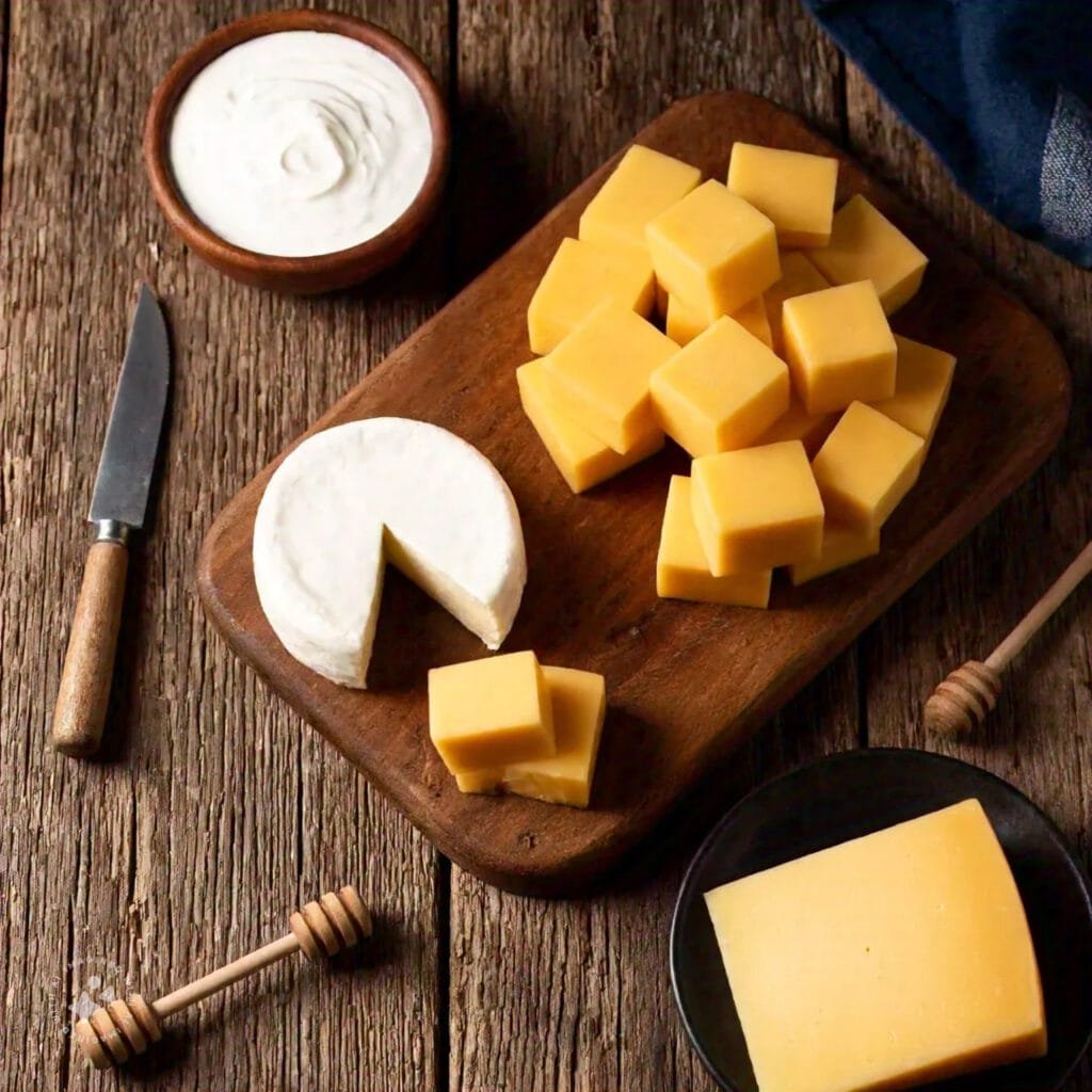 Assorted cheese types on a wooden board.